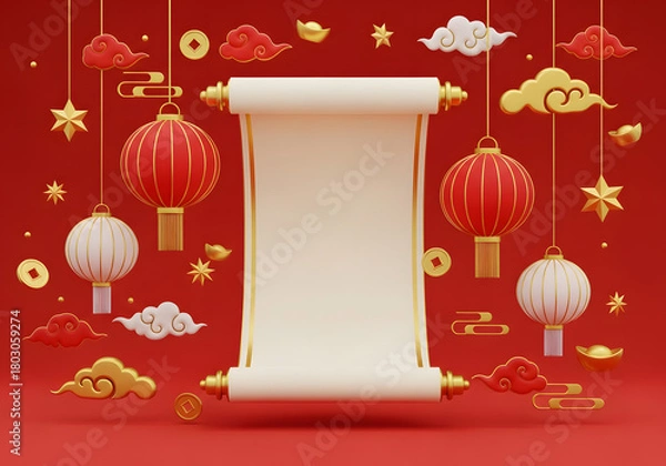 Fototapeta Chinese New Year Scroll and Lantern Background
