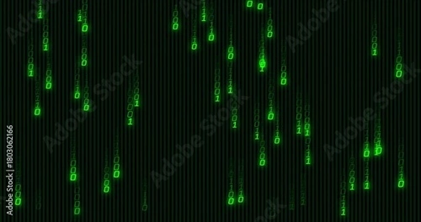 Fototapeta Cascading neon green binary columns filling dark cyber field, with glowing digits and motion trails