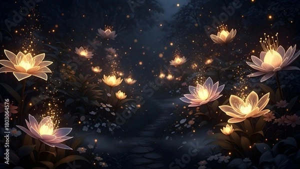 Obraz Luminous glowing flowers in a dark dreamy garden, bioluminescent edges, magical warm particles, high contrast floral fantasy.