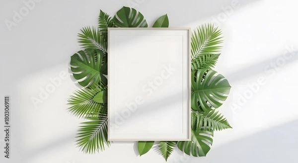 Fototapeta mockup of a vertical poster frame placed on a white wall, surrounded by fresh green tropical leaves 