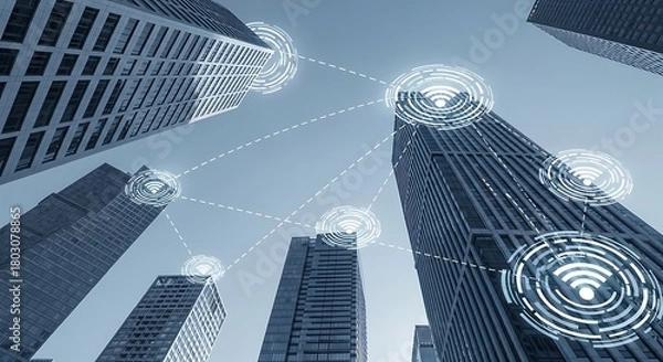 Fototapeta Dynamic city skyline with glowing digital network connections symbolizing smart urban connectivity and future technology.