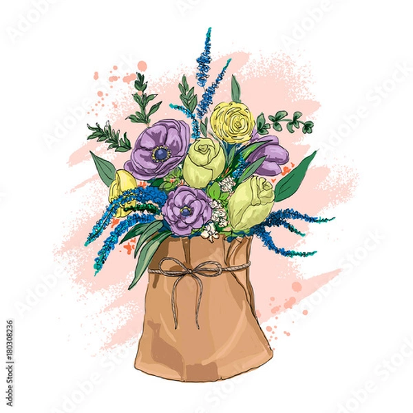 Fototapeta A bouquet of flowers in a paper bag. Beautiful hand drawn flowers box. Template for greeting cards and invitations for a holiday wedding. Hand drawn sketch. Vector illustration.