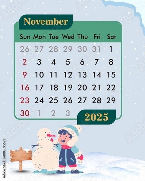 Obraz November calendar with snow theme