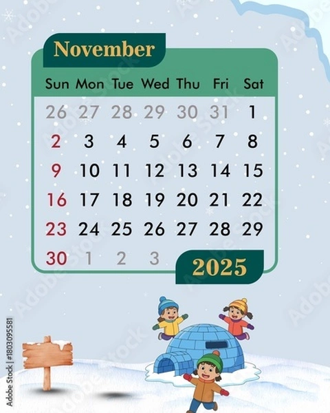 Fototapeta November calendar with snow theme