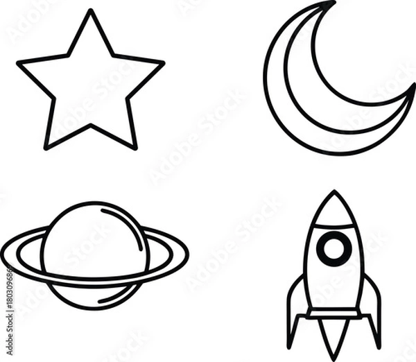 Fototapeta Black Outline Space Icons Star Moon Planet Rocket on White Background celestial