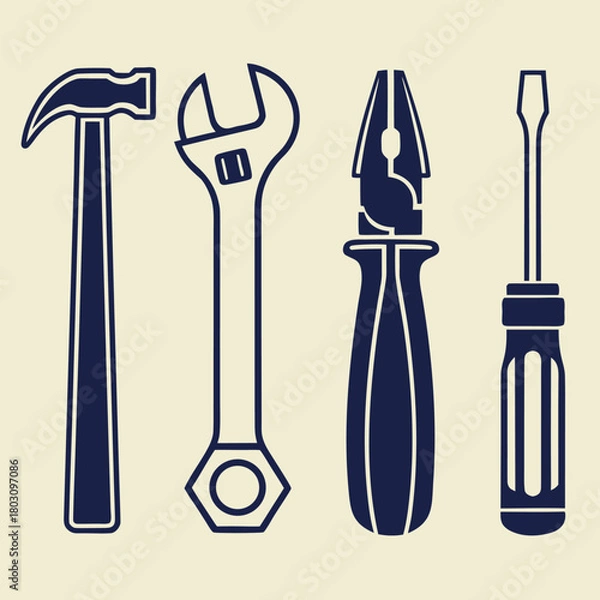 Fototapeta Dark blue silhouette of hammer adjustable wrench pliers and screwdriver on cream background tool