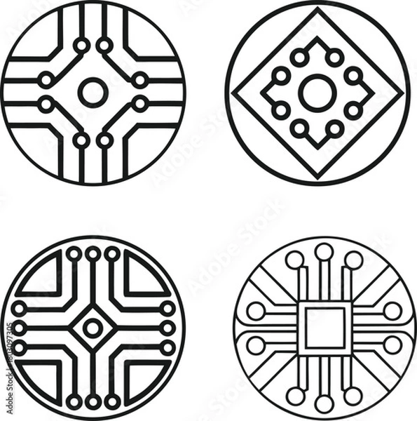 Fototapeta Four circular black and white circuit board patterns technology electronic