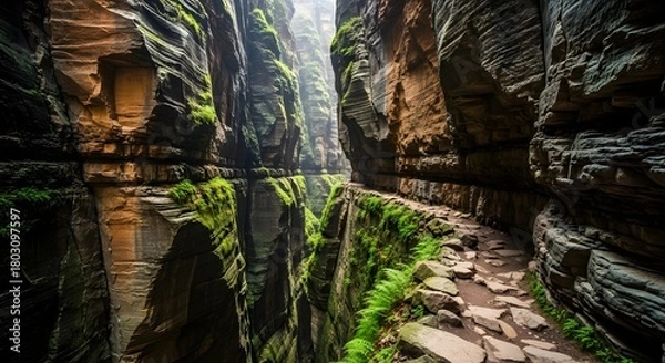 Obraz A winding path leads through a deep, verdant canyon with dramatic rock formations