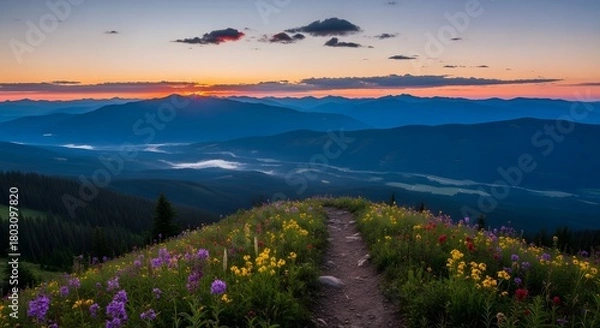 Obraz Wildflower meadow on a hilltop with a path leading to a sunset over mountains