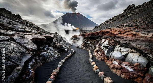 Obraz A path leads towards a smoking volcano erupting under a dramatic cloudy sky