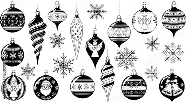 Obraz Collection of vintage Christmas tree ornaments and snowflakes
