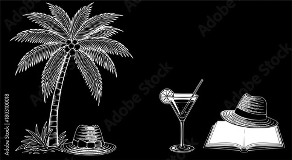 Fototapeta Palm tree, cocktail, and hat with open book
