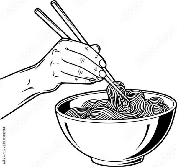Obraz Hand holding chopsticks stirs bowl of noodles
