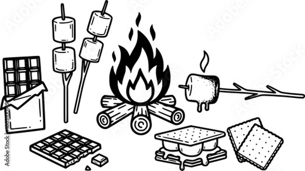 Obraz Campfire and s'mores sketch icons
