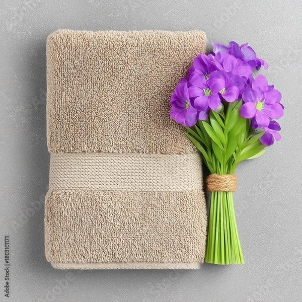 Fototapeta Brown Textured Towel and Purple Flower Bouquet on Gray