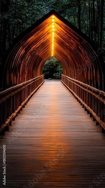 Fototapeta Illuminated Wooden Bridge Pathway Through a Dark Forest at Night