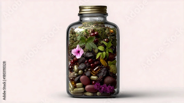 Fototapeta A glass bottle filled with multivitamins, natural tinctures, and plant-based pills on a white background.
