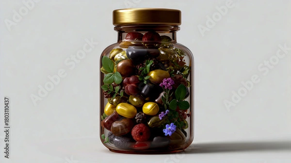 Fototapeta A glass bottle filled with multivitamins, natural tinctures, and plant-based pills on a white background.