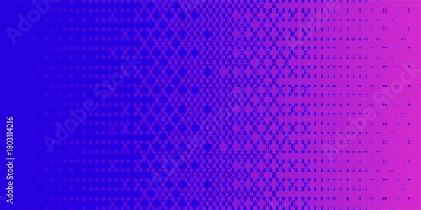 Obraz Pixelated bitmap gradient texture. Blue and pink dither pattern background. Abstract glitchy pattern. 8 bit video game screen wallpaper. Wide pixel art retro illustration. Vector backdrop