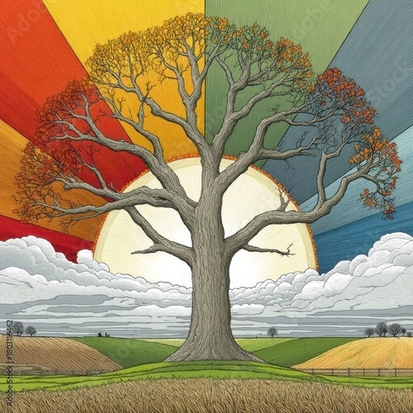 Obraz Seasonal Tree Illustration with Rainbow Background