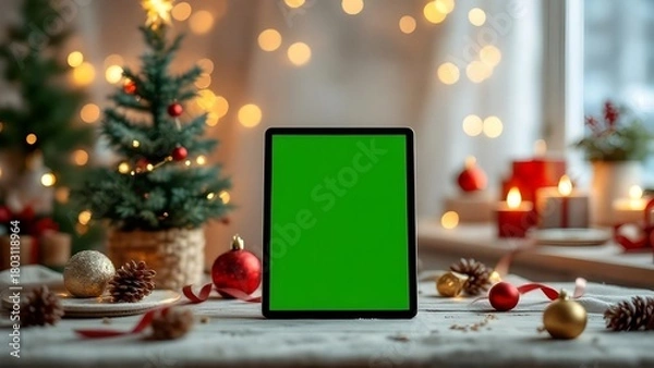 Fototapeta Christmas Tablet Mockup with Green Screen on Festive Holiday Background