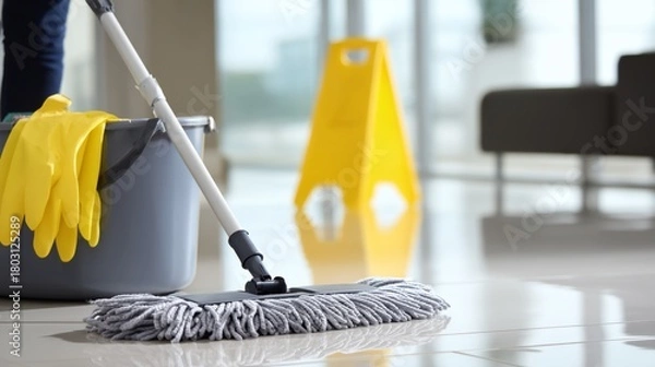 Fototapeta Person is cleaning a floor with a mop and bucket