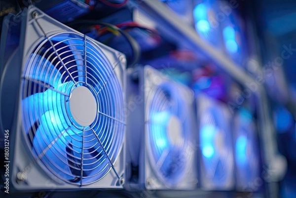 Fototapeta Close-up view of multiple illuminated cooling fans in an enclosed system, emitting a cool, blue glow