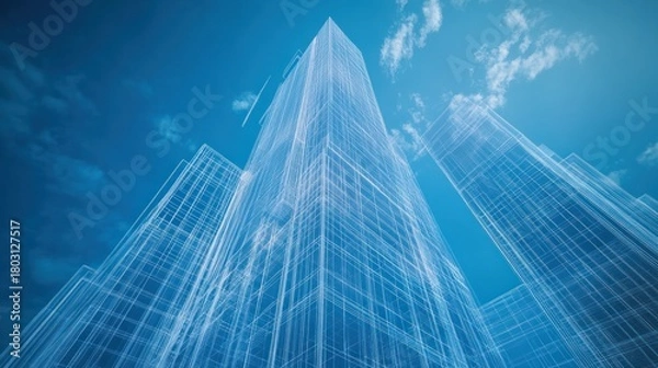 Fototapeta Architectural blueprint perspective of a modern skyscraper complex in blue shades
