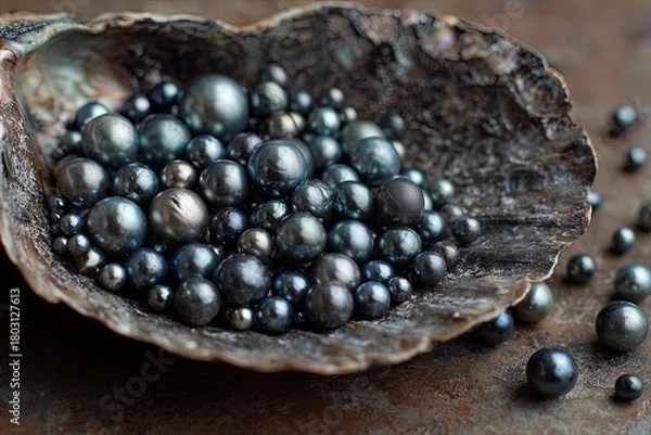 Fototapeta Close-up of lustrous, dark pearls clustered inside a weathered seashell. A treasure trove