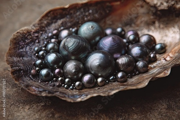 Fototapeta Close-up captures lustrous dark pearls of various sizes spilling from a rough seashell