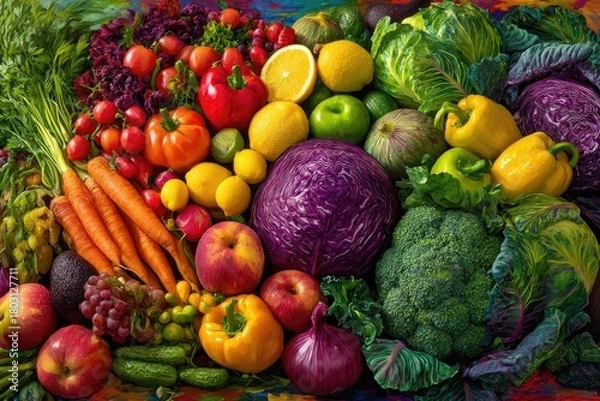 Fototapeta A vibrant assortment of fresh produce, showcasing a colorful variety of fruits and vegetables