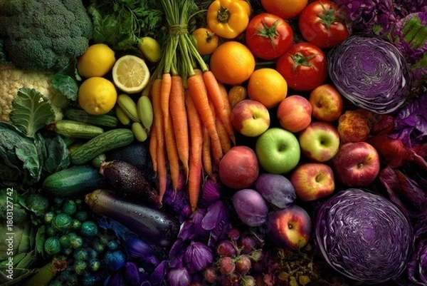 Fototapeta A vibrant arrangement of colorful fruits and vegetables artfully arranged