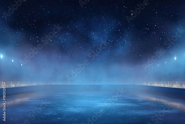 Fototapeta An empty ice rink under a starry, hazy night sky with spotlights