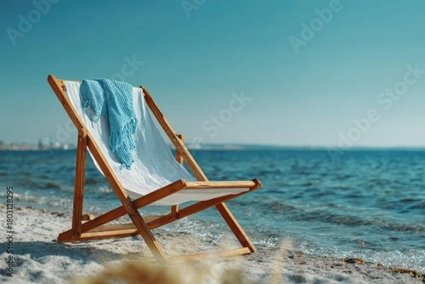 Fototapeta A beach chair with a towel sits on a sandy shore facing the vast, tranquil ocean under a clear sky