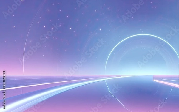 Fototapeta Abstract neon corridor with a glowing circular portal in shades of blue and pink