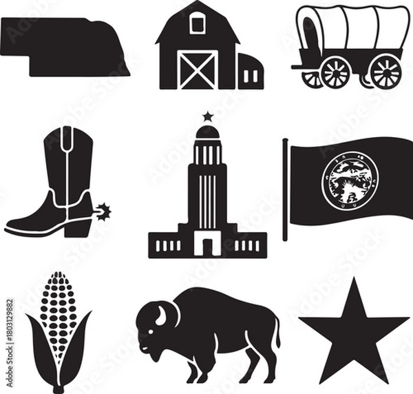 Obraz Nebraska icons collection featuring state map, capitol building, flag, covered wagon, cowboy boot, corn, bison, barn, and star isolated on white background, Vector, illustration