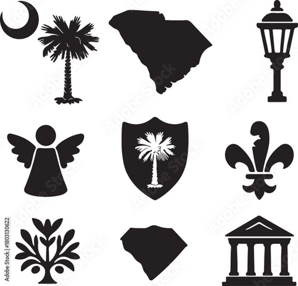 Obraz South carolina vector silhouettes featuring state map, palmetto tree, crescent moon, historic buildings, and diverse cultural emblems on white. isolated on white background, Vector, illustration