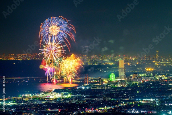 Obraz 和泉山地からの大阪の夜景と花火大会