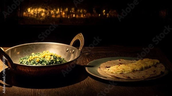 Obraz A Warm Indian Meal Spinach With Corn and Fresh Flatbread