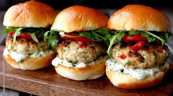 Obraz Delicious Mini Chicken Burgers with Fresh Greens and Creamy Sauce.