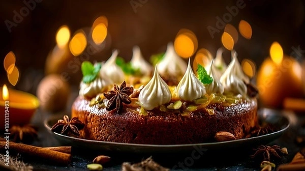 Obraz Delicious Cake With Cream And Spices, Festive Lights Background