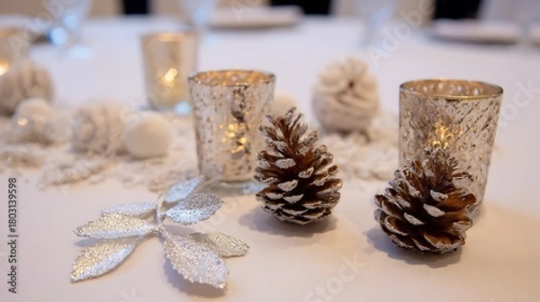 Obraz Festive Winter Table Decorations with Pinecones and Candles