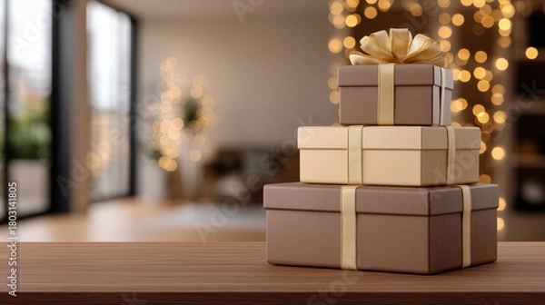 Fototapeta Stacked christmas gift boxes on a wooden table with warm holiday lights in the background