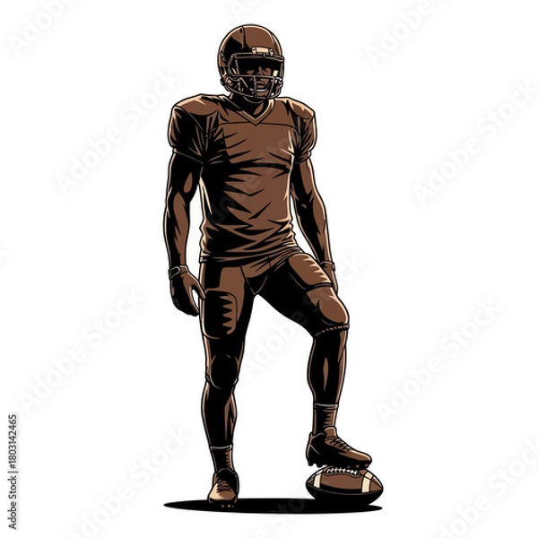 Obraz American football player in full uniform standing with one foot on a football, stylized illustration.