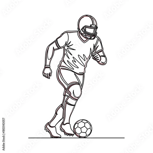 Fototapeta Continuous line drawing of an athlete wearing a football helmet while dribbling a soccer ball.