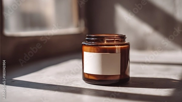 Fototapeta Amber Jar Candle with a Blank Label in Sunlight / 日光の中、空白ラベルが付いた琥珀色の瓶のキャンドル