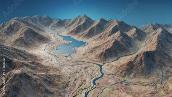 Obraz Aerial view of a rugged mountainous landscape with a lake and rivers flowing through valleys