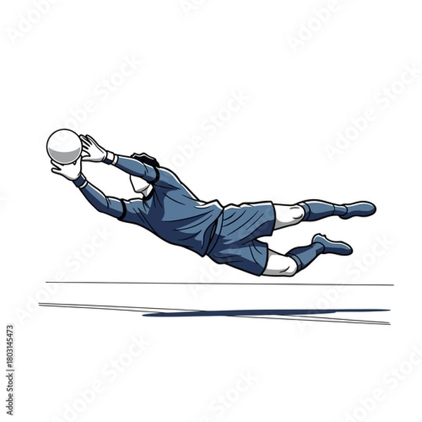 Fototapeta Illustration of a soccer goalkeeper diving to catch the ball during a game, action shot.