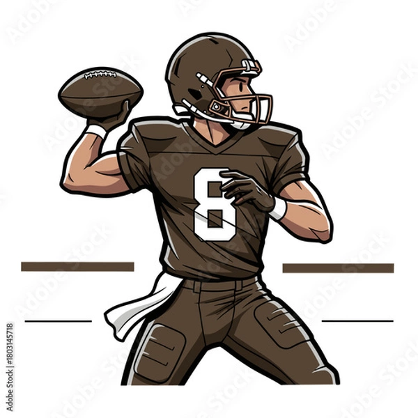 Fototapeta A cartoon illustration of an American football player in a brown uniform with number 8, preparing to throw the ball.