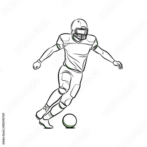 Fototapeta Line drawing of a football player kicking the ball on a white background.